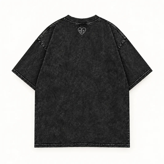 HATEMYEX Chrome Logo T-Shirt – Rückansicht mit weißem Broken-Heart-Nackenlogo