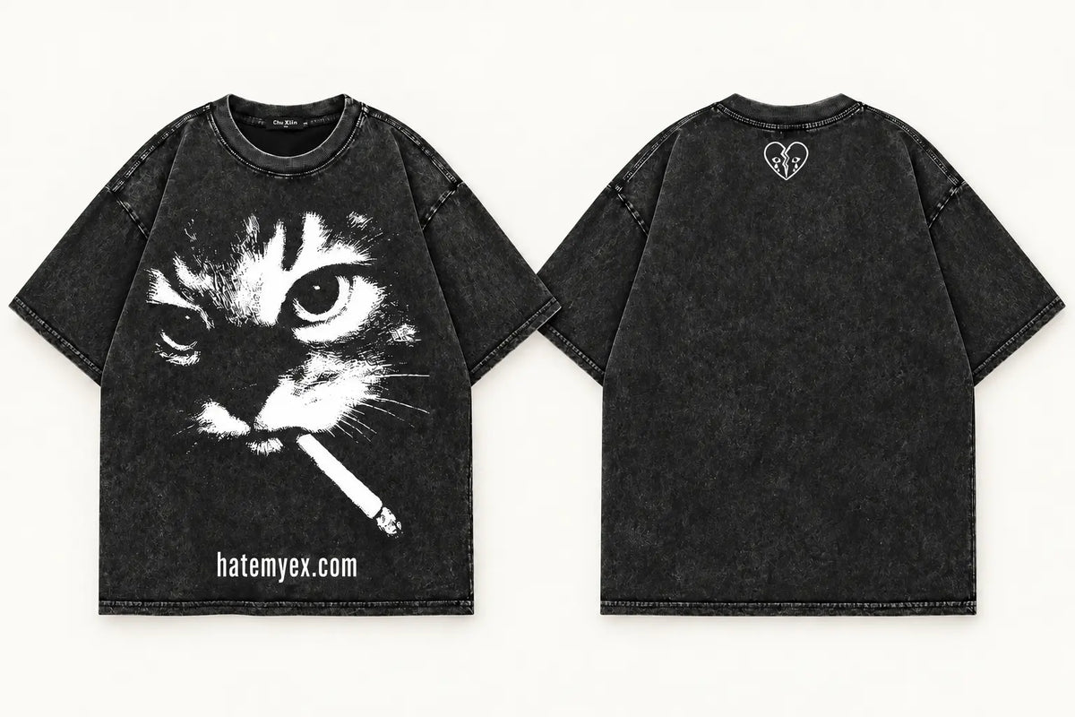 HATEMYEX Smoking Cat T-Shirt – Vorder- und Rückansicht